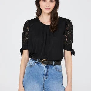 Lace Tie Sleeve Pleated Top