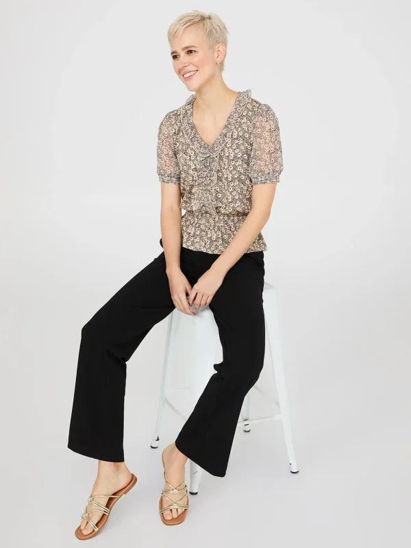 Printed Textured V-Neck Top With Smocked Bottom Band - Image 2